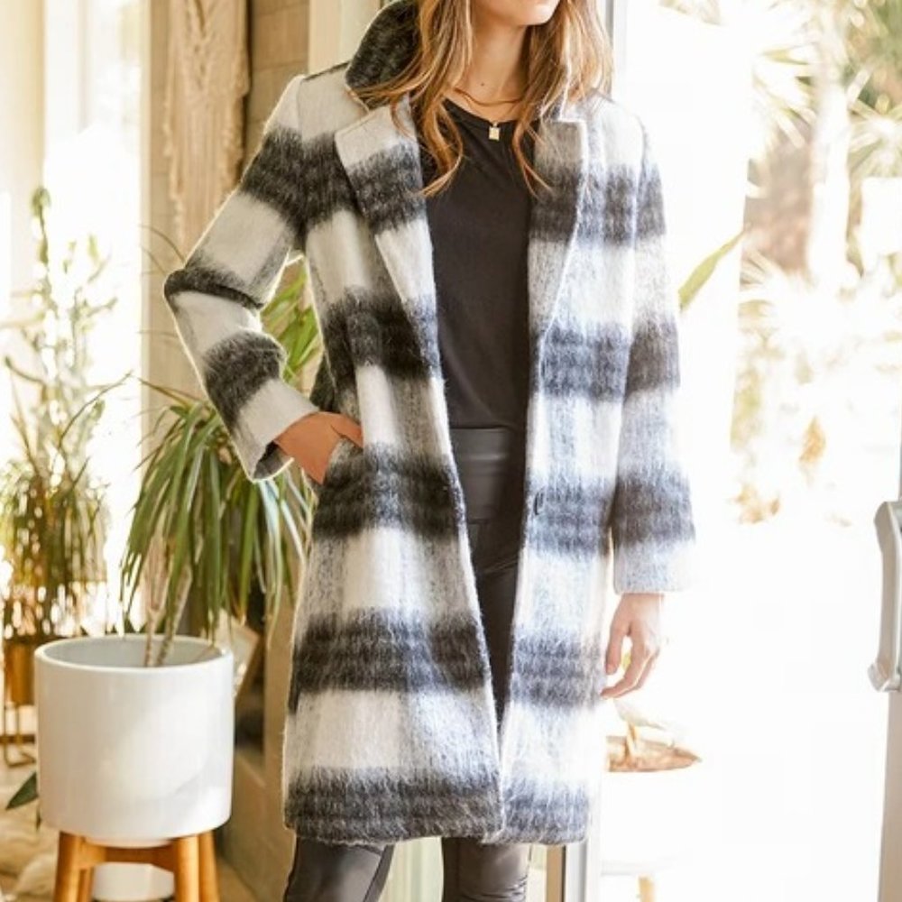 Lulus Charlie Black and White Plaid Brushed Wool Coat